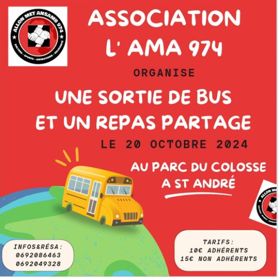 Sortie bus et pique-nique partage avec l'association AMA 974. Venez partager un moment convivial!